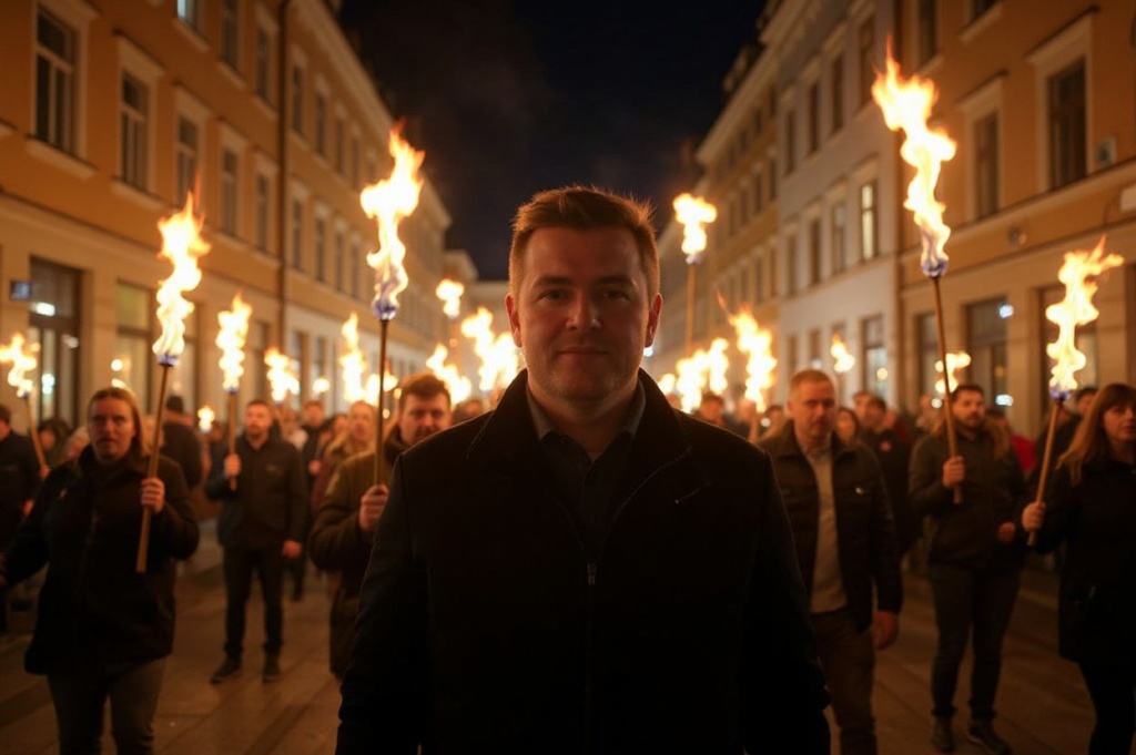 A long exposure photo taken on December 10, 2022 shows people carrying torches during a torchlight procession to greet the 2022 Nobel Prize laureates in Oslo, following the Nobel Peace Prize award ceremony. (Photo by Sergei GAPON / )