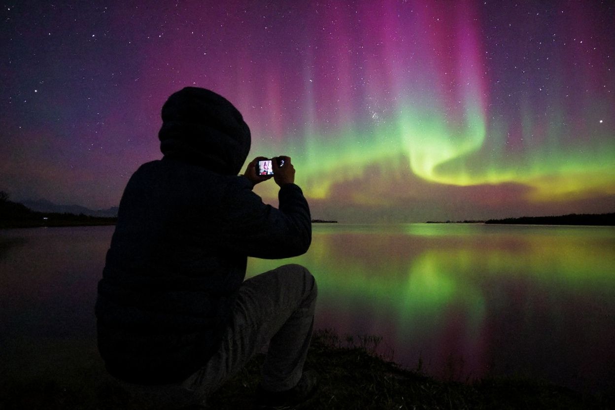 A man takes pictures of the Aurora Australis, also known as the Southern Lights, as it glows on the horizon over the waters of Lake Ellesmere on the outskirts of Christchurch on October 8, 2024. (Photo by Sanka Vidanagama / )