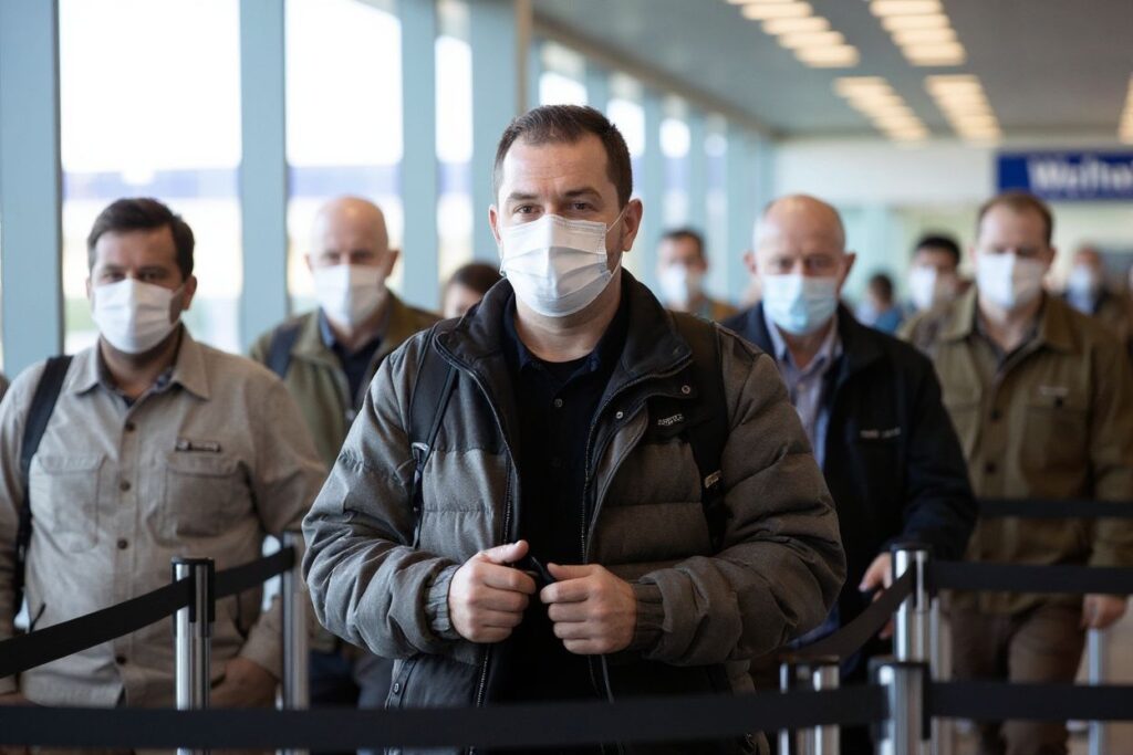 Domestic travellers wear face masks as they arrive at the Wellington International Airport on August 12, 2020. – New Zealand’s dream run of 102 days without locally transmitted coronavirus ended on August 11, prompting a stay-at-home lockdown order for the country’s largest city. (Photo by Marty MELVILLE / )