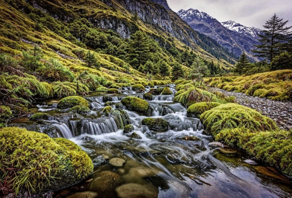 In this photo taken on October 20, 2023, water flows down a stream in the Siberia Valley in the Mount Aspiring National Park located near Queenstown on the South Island of New Zealand. (Photo by DAVID GRAY / )