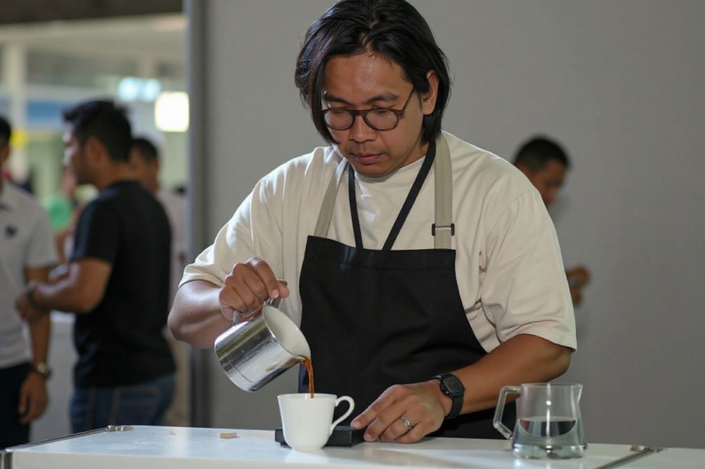 A man pours a cup of coffee as he participates in a brewing competition at the Philippine Coffee Expo in Pasay, Metro Manila on June 2, 2023. (Photo by JAM STA ROSA / )