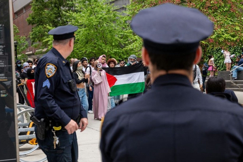 Pro-Palestinian students and others gather outside of Baruch College in Manhattan to protest the school’s stance on Israel on May 9, 2024 in New York City. Source: Spencer Platt / Getty Images via