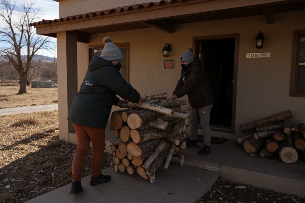CAMERON, ARIZONA – DECEMBER 15: Members of the Navajo community deliver wood to a home for cooking and heating on a reservation on December 15, 2021 in Cameron, Arizona. The wood was accessed through a partnership with the National Forest Foundation and their ‘Wood for Life’ initiative. The wood was thinned from unhealthy forests in areas that pose significant risks to communities from fire and post fire flooding. Thousands of members of Indigenous nations throughout northern Arizona are facing a crisis of home heating resulting partly from the closure of a coal mine that supplied free coal for heating homes and cooking. Navajo, and other Native American’s who depend on wood to heat their homes, increasingly look to outside groups to help supply them with wood. Wood collection has been further complicated by the COVID-19 pandemic, which has severely impacted Native American reservations. Within the Navajo Nation, 35.8% of households have incomes below the federal poverty threshold.   Spencer Platt/Getty Images/ (Photo by SPENCER PLATT / GETTY IMAGES NORTH AMERICA / Getty Images via )