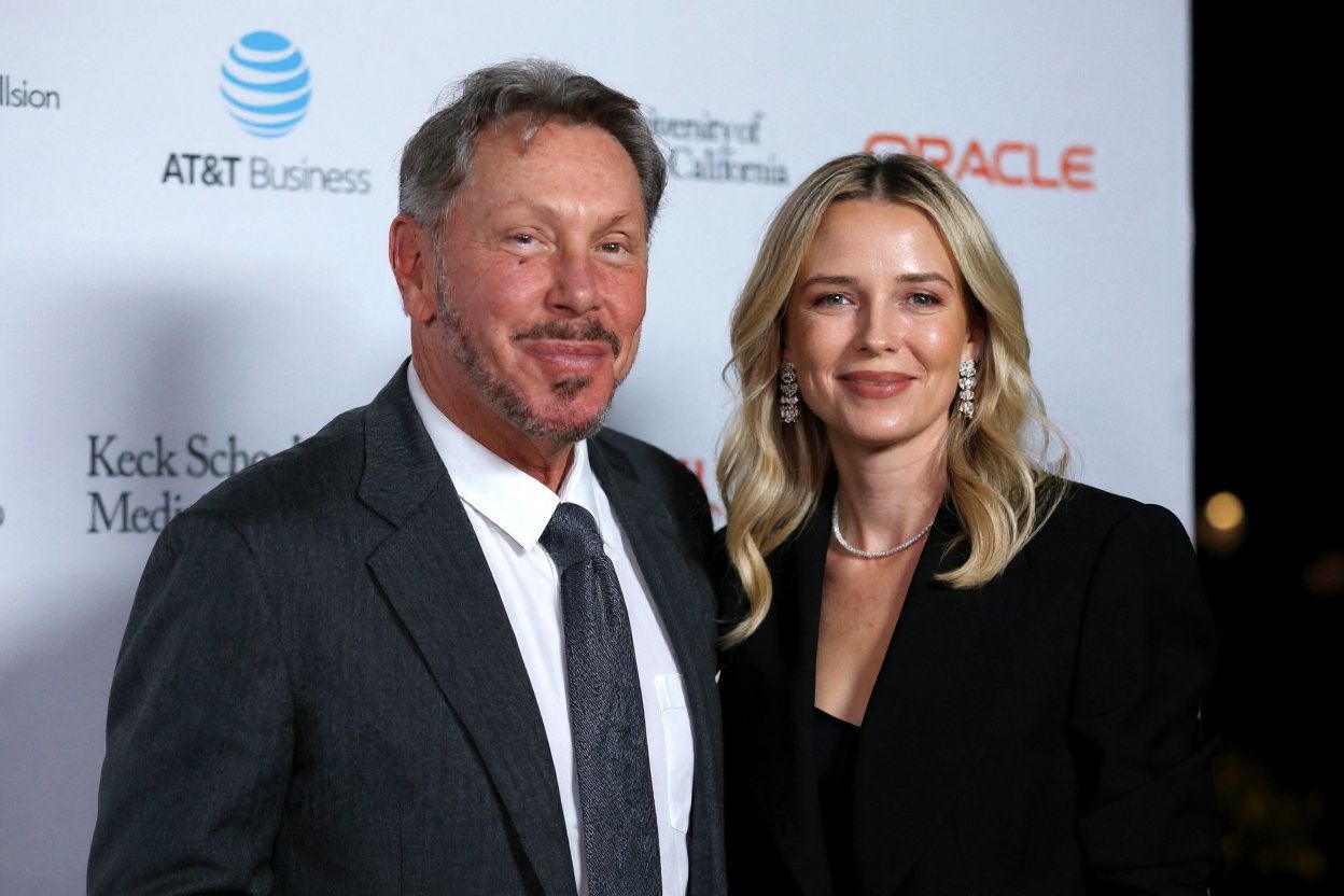 Here Larry Ellison and Sara Foster attend the Rebels With A Cause Gala 2019 at Lawrence J Ellison Institute for Transformative Medicine of USC. (Source: )