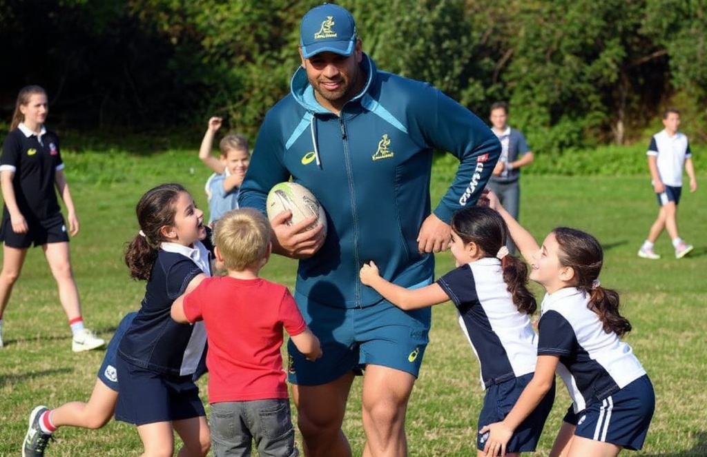 Australian rugby union player Lukhan Tui (C) is swamped by school children after the team announcement in Sydney on June 15, 2017. – Australia plays Scotland in a Test match in Sydney on June 17, 2017. (Photo by WILLIAM WEST / )