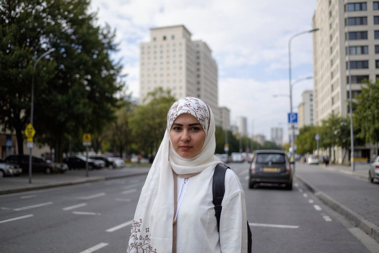 A woman wearing a hijab walks on a street, with a Stalin-era skyscraper in the background, in downtown Moscow on August 19, 2020. (Photo by Kirill KUDRYAVTSEV / )