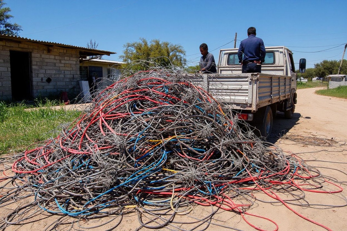 Kilometres of confiscated electricity cable lies piled on a truck after being pulled out by Cape Town Electricity Officials (not seen), in an informal settlement called Oasis Farm, near Cape Town, on September 13, 2023. (Photo by RODGER BOSCH / )