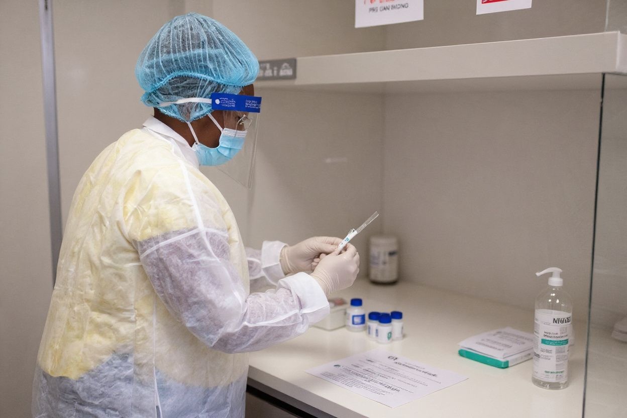 A healthcare worker conducts a PCR Covid-19 test at the Lancet laboratory in Johannesburg on November 30, 2021. – A new, heavily mutated Covid-19 variant, dubbed omicron, spread across the globe on Sunday, shutting borders and renewing curbs as the EU chief said governments faced a “race against time” to understand the strain. (Photo by EMMANUEL CROSET / )
