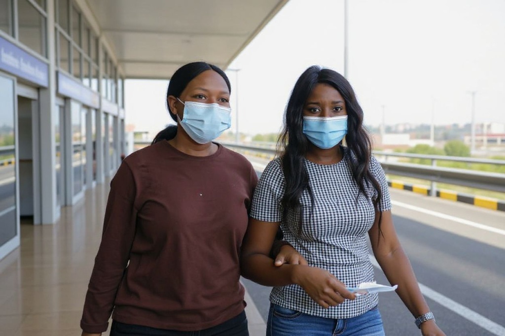 Vutlhari Mtonga (L) a student evacuated from Ukraine as a result of the ongoing invasion of Ukraine by Russia, walks with her sister Mikateko Mtonga (R) after arriving at the OR Tambo International Airport in Johannesburg on March 10, 2022. (Photo by Phill Magakoe / )