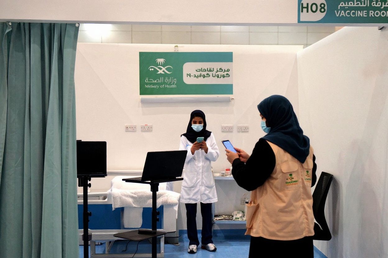 A nurse checks computers while another browses a phone as they wait to administer the first doses of the Pfizer-BioNTech COVID-19 coronavirus vaccine (Tozinameran) at a vaccination centre supervised by Saudi Arabia’s health ministry in the capital Riyadh on December 17, 2020. (Photo by FAYEZ NURELDINE / )