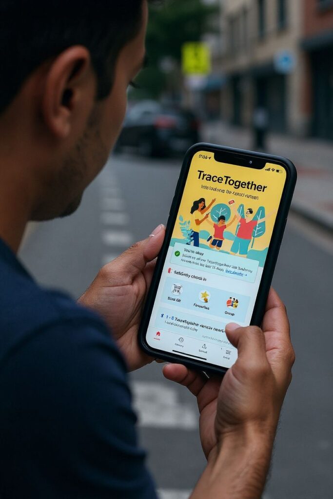 This photo illustration shows a mobile phone user displaying the TraceTogether application, used to aid contact tracing efforts relating to the ongoing COVID-19 situation. Source: Roslan Rahman/