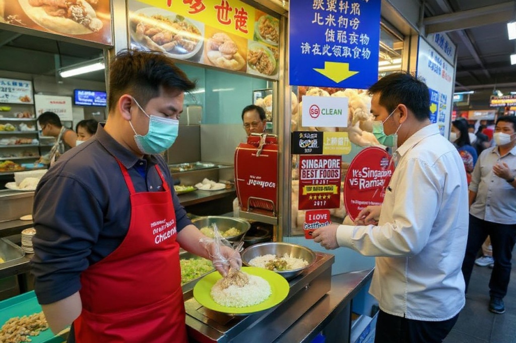 A vendor prepares a plate of chicken rice at a hawker centre in Singapore on May 31, 2022. – Singapore imports a third of its chicken supply from Malaysia, which will halt the export of 3.6 million chickens a month from June 1 onwards, amid surging prices and supply concerns. (Photo by Roslan RAHMAN / )