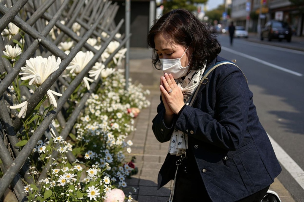 A woman prays in tribute to those who were killed at a makeshift memorial outside the subway station in the district of Itaewon in Seoul on Oct. 31, 2022, two days after a Halloween stampede in the area. Source: Anthony Wallace/