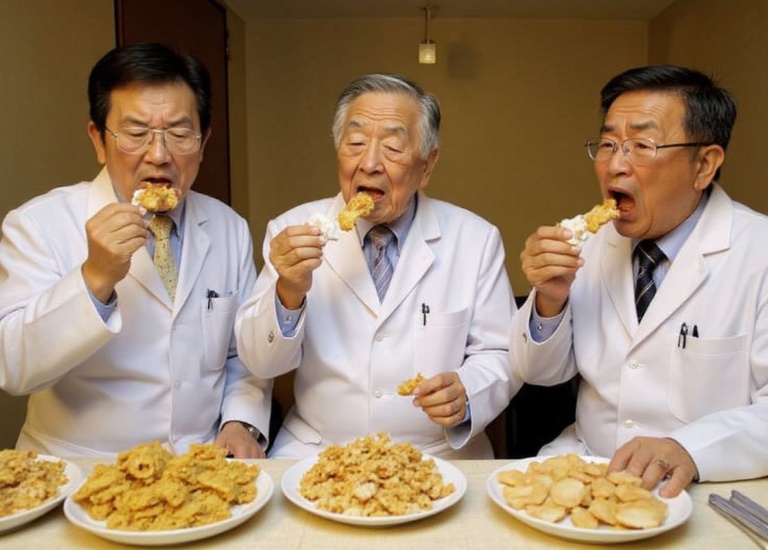 South Korean family doctors taste fried chicken at a hotel in Seoul, 04 November 2005, as part of a campaign to promote chicken sales. The price of chicken meat is plunging in South Korea due to a worldwide avian influenza scare.     PHOTO/JUNG YEON-JE (Photo by JUNG YEON-JE / )