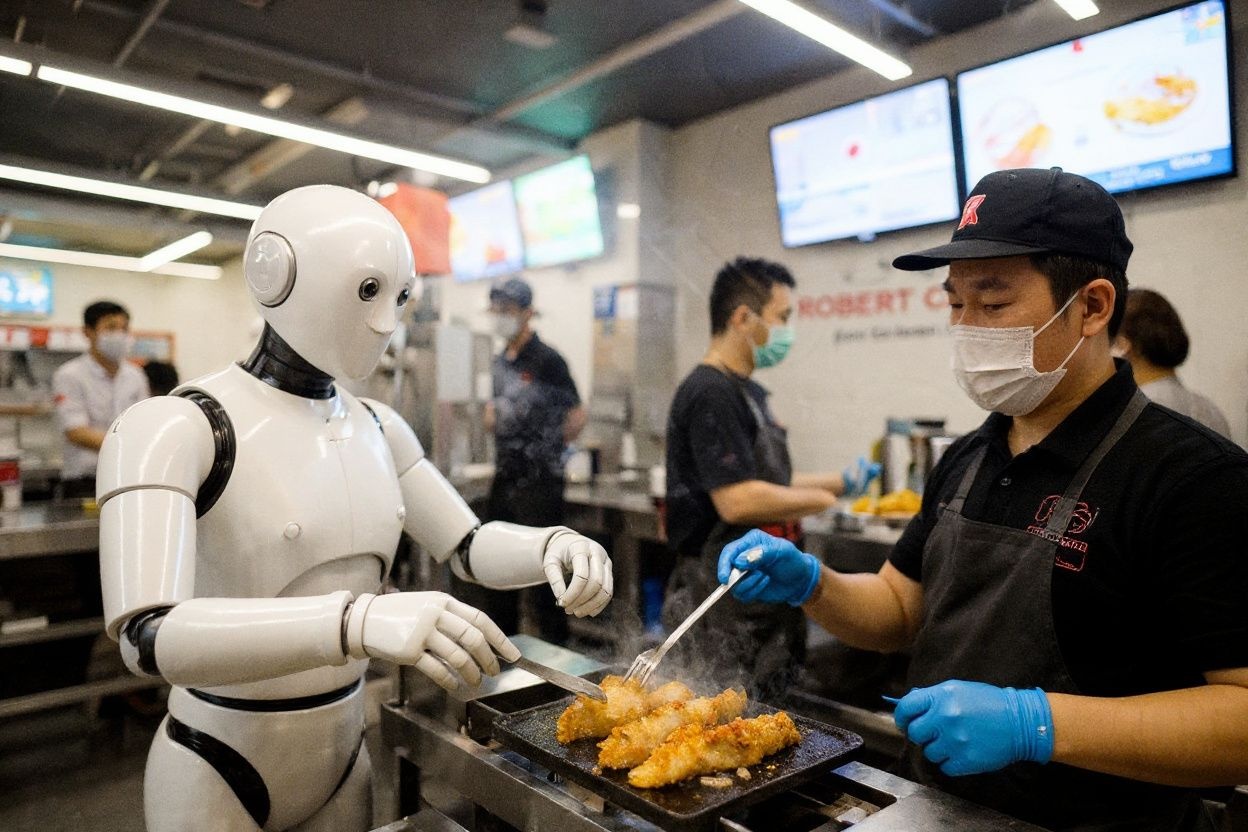 In this photo taken on June 13, 2023, a robot fries chicken as an employee prepares to serve food to customers at a Robert Chicken restaurant in Seoul. In fried-chicken obsessed South Korea, restaurants serving the nation’s favourite fast-food dish dot every street corner. But Kang Ji-young’s establishment is a little different: a robot is cooking the chicken. (Photo by Anthony WALLACE / ) / TO GO WITH  STORY SKOREA-FOOD-DRINK-CULTURE-TECHNOLOGY,FOCUS BY CLAIRE LEE – TO GO WITH  STORY SKOREA-FOOD-DRINK-CULTURE-TECHNOLOGY,FOCUS BY CLAIRE LEE