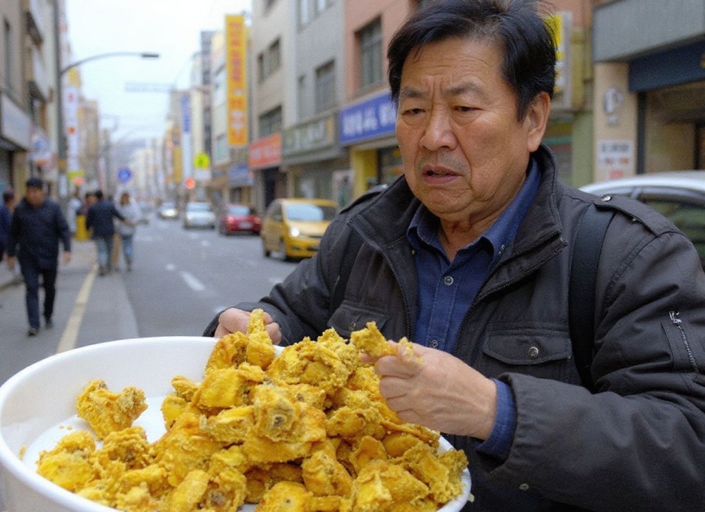 A South Korean holds a fried chicken during a campaign to promote chicken sales in Seoul, 01 December 2005.  The price of chicken meat is plunging in South Korea due to a worldwide avian influenza scare.  PHOTO/JUNG YEON-JE (Photo by JUNG YEON-JE / )