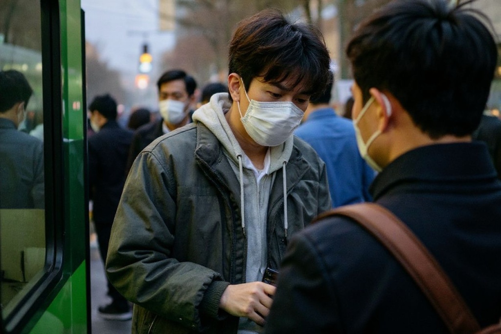 Commuters disembark at a bus stop in Seoul on March 15, 2023, five days before the mandate on wearing face masks on public transportation is to be lifted, on March 20. (Photo by ANTHONY WALLACE / )