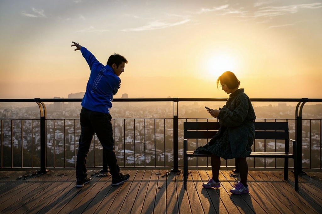 A man stretches beside a woman using her phone, as the sun sets in Seoul on November 21, 2023. (Photo by Anthony WALLACE / )