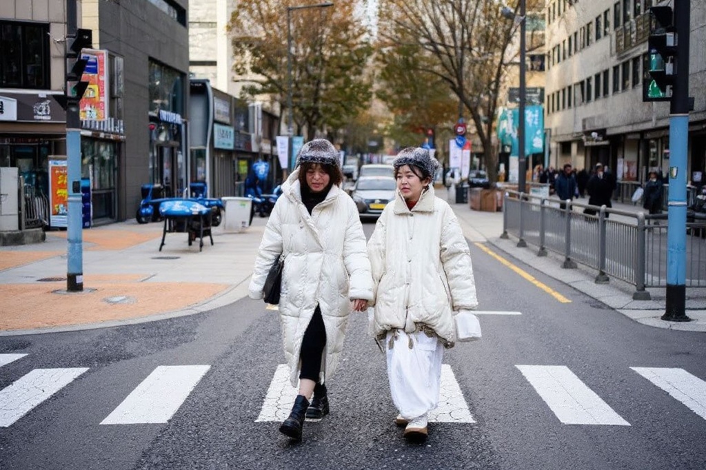 Two women walk across a road in the Jongno district of Seoul on December 4, 2023. (Photo by Anthony WALLACE / )
