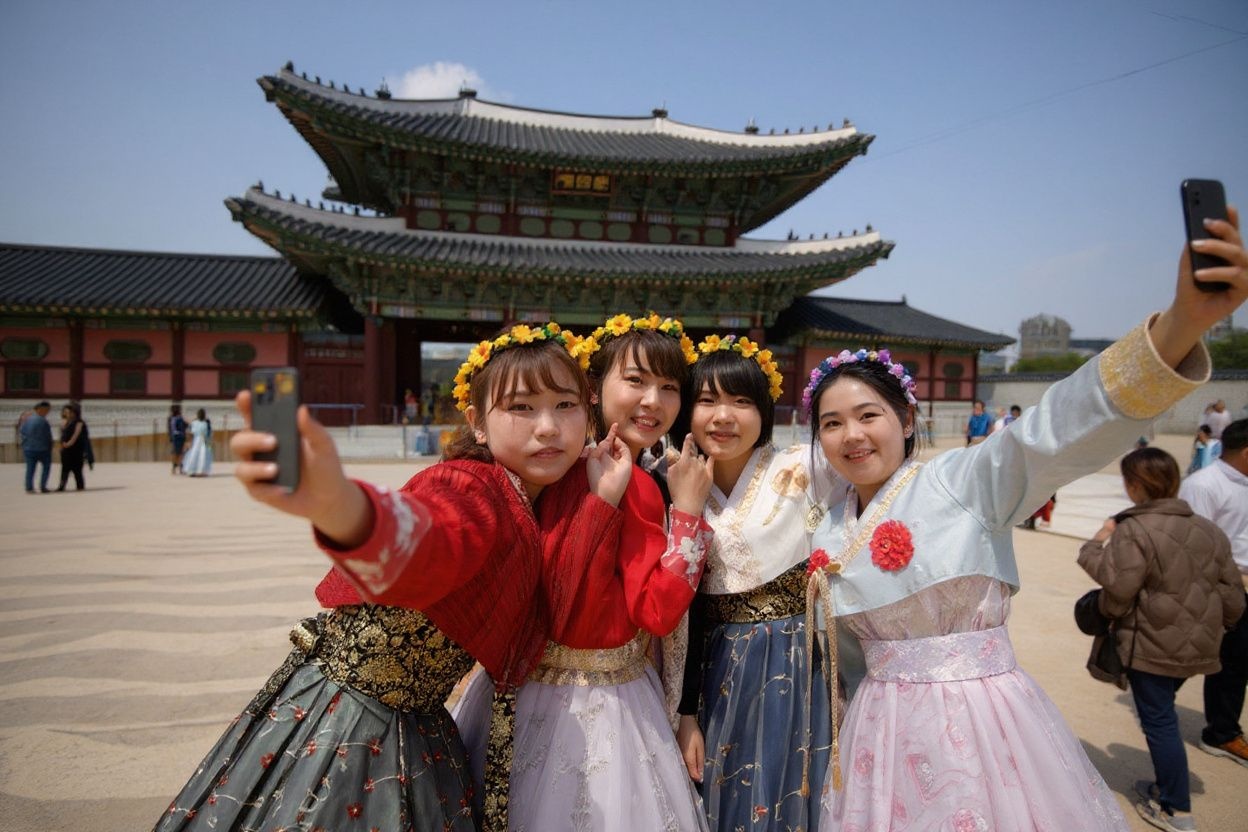 A group of tourists from China pose for a selfie at Gyeongbokgung palace in Seoul on May 1, 2019. (Photo by Ed JONES / )