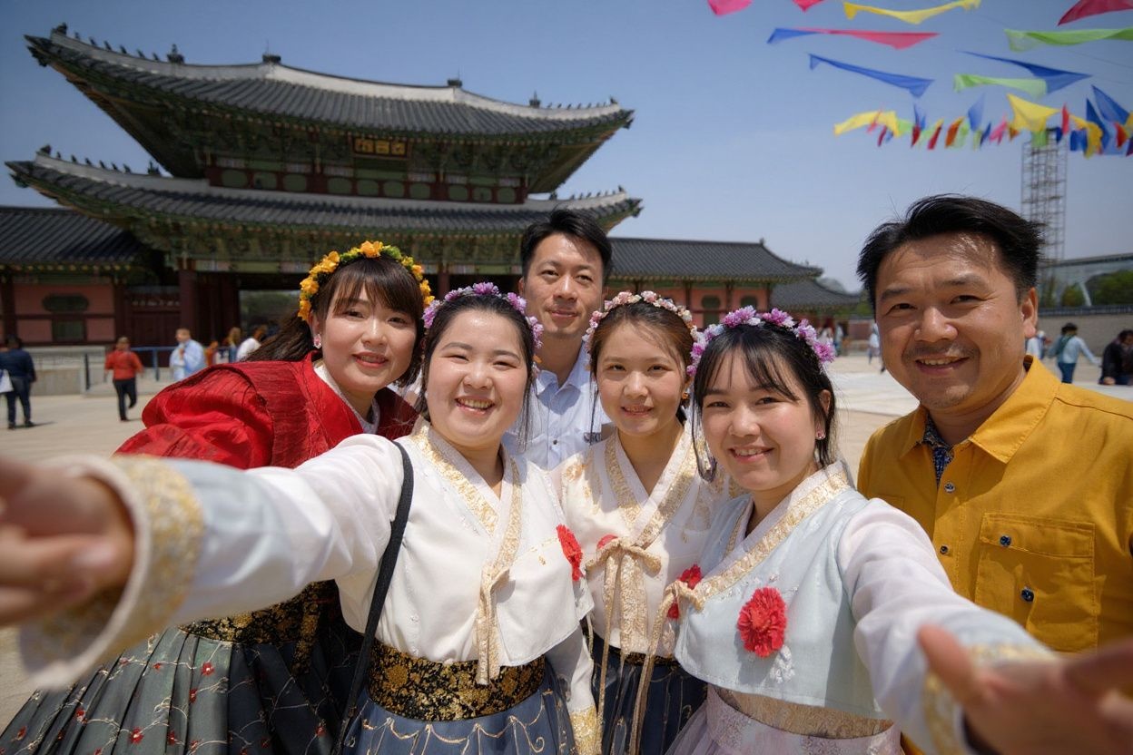 A group of tourists from China pose for a selfie at Gyeongbokgung palace in Seoul on May 1, 2019. (Photo by Ed JONES / )