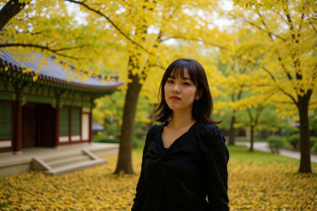 A woman poses for a photo under a gingko tree with autumnal foliage in the Gyeongbokgung Palace grounds in Seoul on November 2, 2023. Built in 1395, the Gyeongbokgung Palace was the largest of the five grand palaces built by the Joseon dynasty, the last dynastic kingdom of Korea. (Photo by ANTHONY WALLACE / )