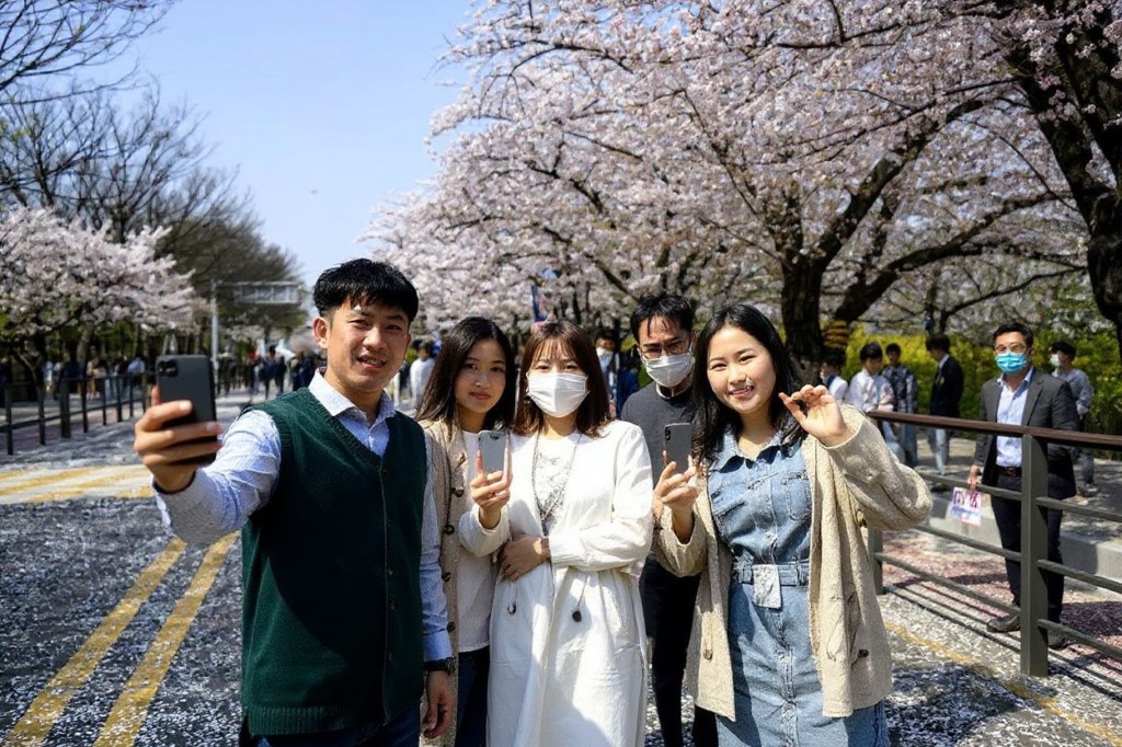 People take selfies beneath the cherry blossoms in full bloom along a street in Seoul on April 3, 2023. (Photo by ANTHONY WALLACE / )