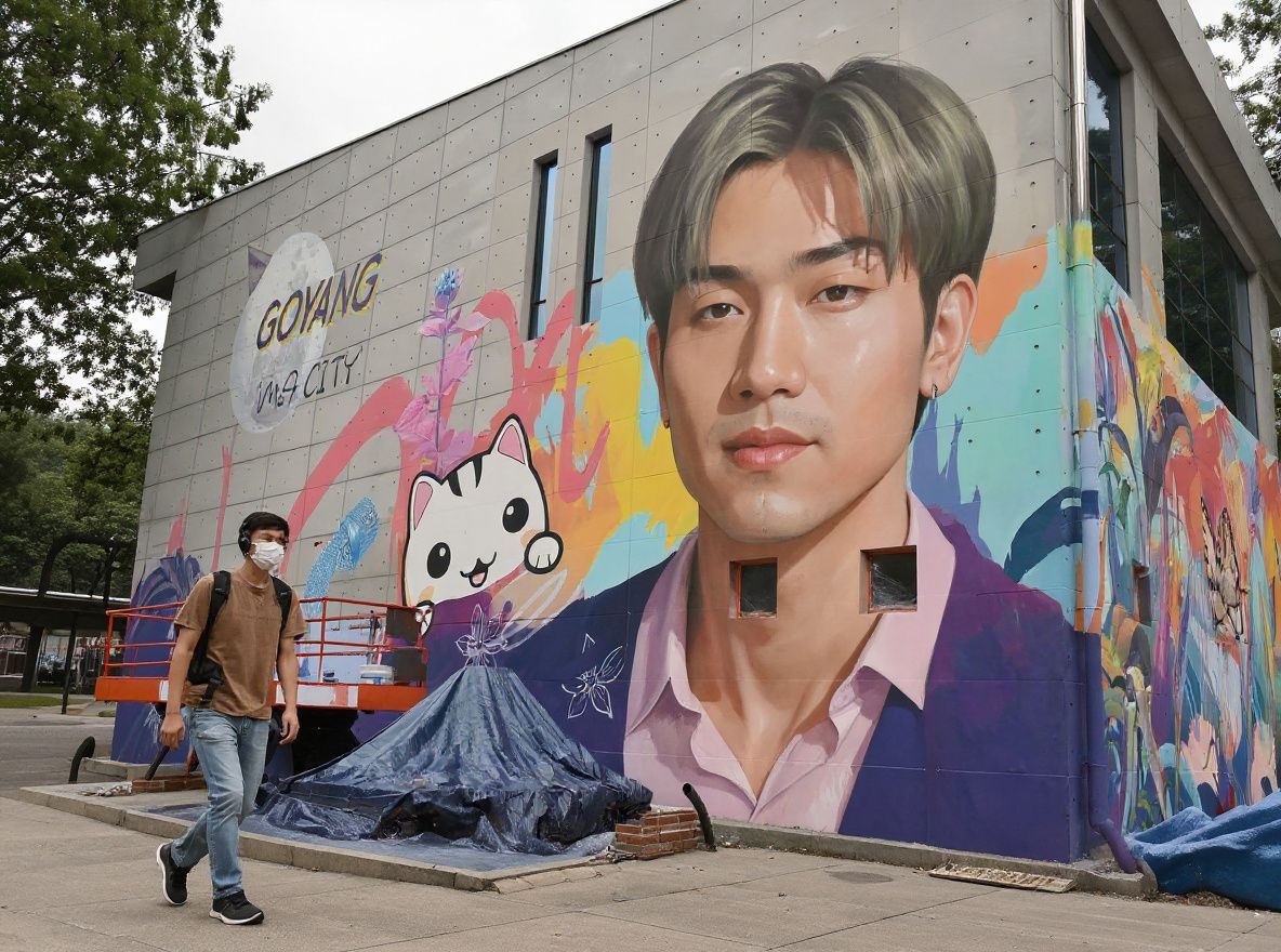 A man walks past a mural showing an image of the rapper “RM” from the K-pop boy band sensation BTS, at the Goyang Tourist Information Centre in Goyang, northwest of Seoul, on September 1, 2021. (Photo by Jung Yeon-je / )