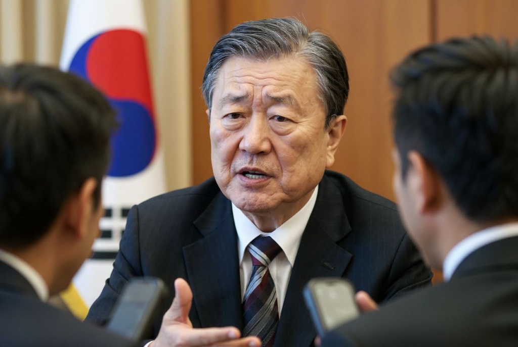 This picture taken on February 8, 2022 shows South Korean President Moon Jae-in speaking during an interview with foreign news agencies at the presidential office in Seoul. (Photo by Ahn Jeong-won / POOL / )