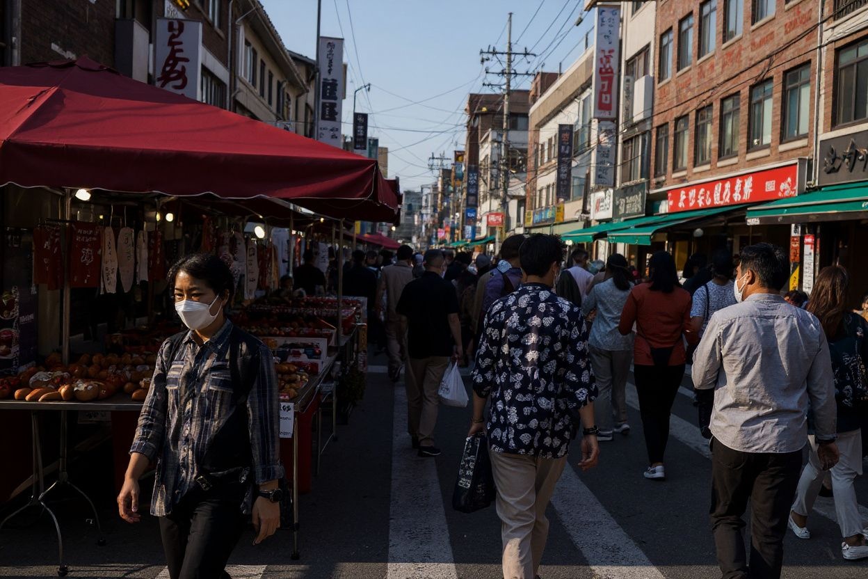 Pedestrians walk past street market stalls in Seoul on October 1, 2021. (Photo by Anthony WALLACE / )