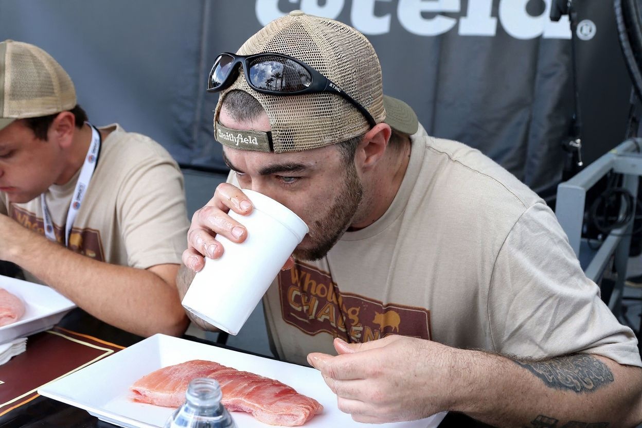 HOMESTEAD, FL – NOVEMBER 22: Whole Hog Challenge contestants onstage at Smithfield and Major League Eating’s Matt Stonie Set Fresh Pork Rib Eating World Record with 71 Ribs at Homestead-Miami Speedway on November 22, 2015 in Homestead, Florida.   John Parra/Getty Images for Smithfield/ (Photo by John Parra / GETTY IMAGES NORTH AMERICA / Getty Images via )