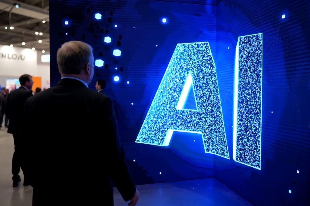 A visitor watches an AI (Artificial Intelligence) sign on an animated screen at the Mobile World Congress (MWC), the telecom industry’s biggest annual gathering, in Barcelona. (Photo by Josep LAGO / )