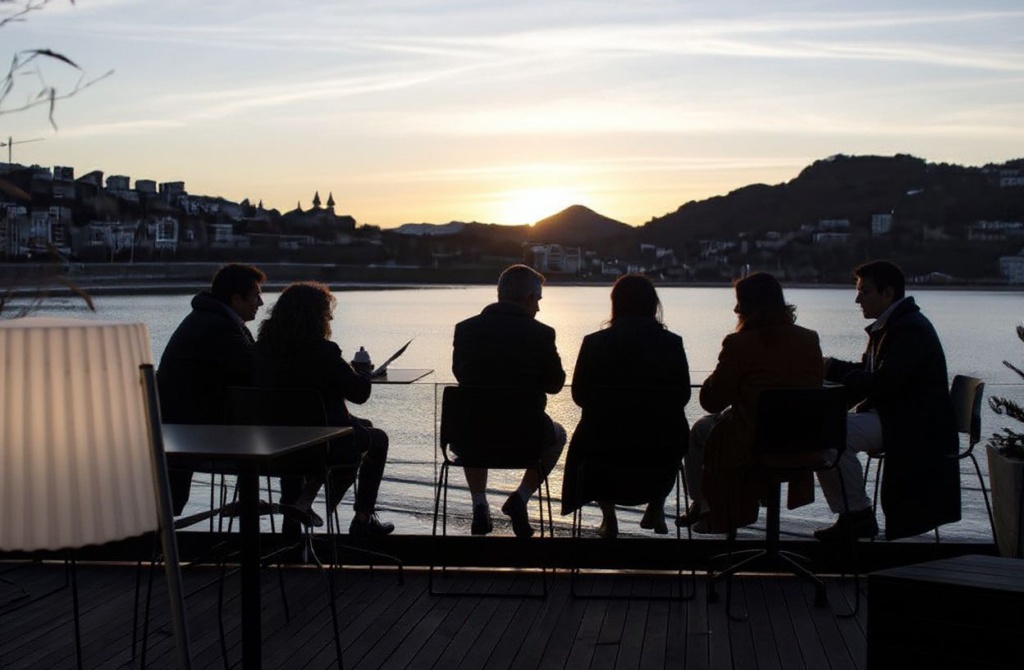 People sit on a terrace-cafe in front of La Concha bay at sunset on December 17, 2022 in the Spanish Basque city of San Sebastian. (Photo by ANDER GILLENEA / )