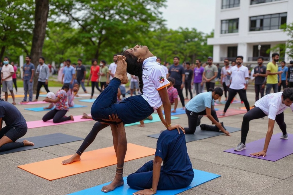 School students take part in a mass yoga session organized by the Indian High Commission Office at Independence square in Colombo on June 17, 2023, ahead of International Day of Yoga which is celebrated across the world annually on June 21. (Photo by Ishara S. KODIKARA / )