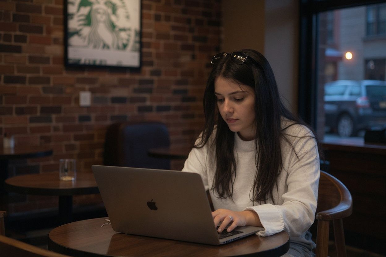 NEW YORK, NEW YORK – JANUARY 14: A person uses a laptop inside of a Starbucks on January 14, 2025 in New York City. Starbucks is officially changing its code of conduct and ending a longtime policy that permitted people to sit and stay at coffee shop locations without making a purchase. Adam Gray/Getty Images/ (Photo by Adam Gray / GETTY IMAGES NORTH AMERICA / Getty Images via ), shot on Nikon D850, 35mm f/1.8 lens, RAW photograph, unedited, candid moment, natural lighting, photojournalistic style | NEGATIVE: AI generated, artificial, computer generated, digital art, 3d render
