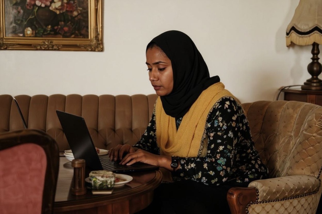 A Sudanese woman works on her laptop at a cafe in the capital Khartoum, on December 14, 2020. The United States removed Sudan from its state sponsors of terrorism blacklist and declared a “fundamental change” in relations, less than two months after the Arab nation pledged to normalise ties with Israel. (Photo by Yasuyoshi CHIBA / )