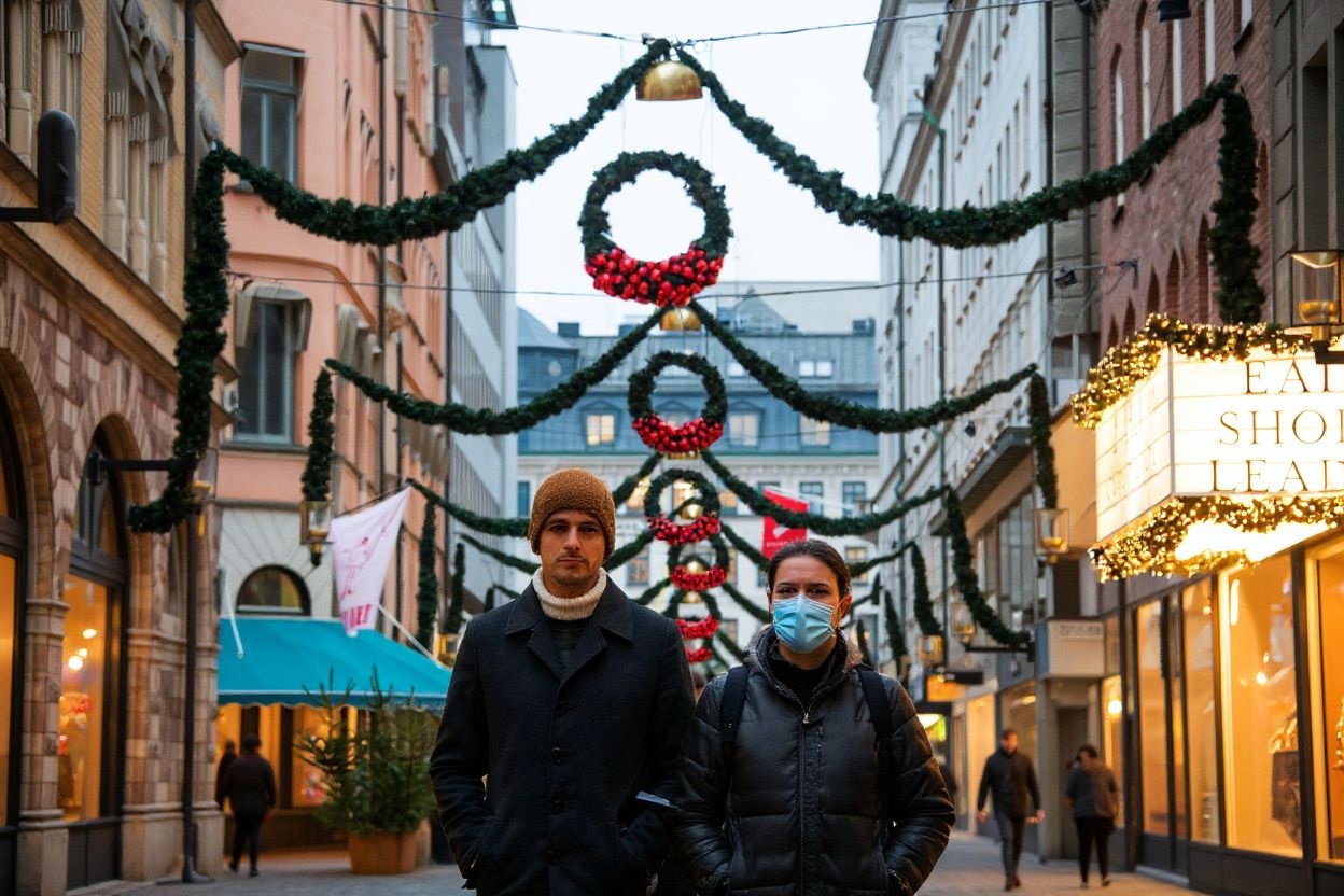 People walk past shops under Christmas decorations in Stockholm on December 3, 2020, during the novel coronavirus COVID-19 pandemic. Source: Jonathan Nackstrand/