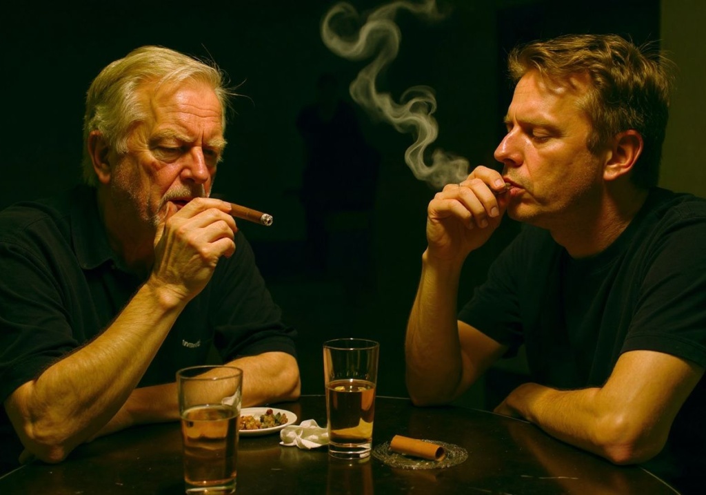 Josef Rhedin (L) and Gunnar Bucht enjoy a last Cuban cigar before midnight to 01 June 2005, when Sweden introduce a ban on smoking in all bars and restaurants, joining a growing band of European countries seeking to reduce the number of people who light up and limit the risks of second-hand smoke. The ban has been largely welcomed in the Scandinavian country, where a recent poll showed that 85 percent favour an end to smoking in restaurants and 77 percent support a ban in bars and clubs. (Photo by SVEN NACKSTRAND / )