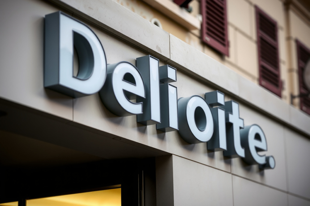 The sign of Deloitte, an audit, consulting, and financial advisory services giant company, is seen on February 18, 2020 in Geneva. (Photo by Fabrice COFFRINI / ), shot on Nikon D850, 35mm f/1.8 lens, RAW photograph, unedited, candid moment, natural lighting, photojournalistic style | NEGATIVE: AI generated, artificial, computer generated, digital art, 3d render
