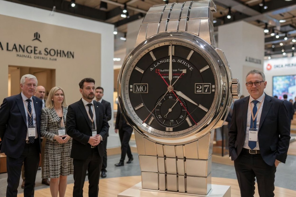 Participants are seen next to a giant watch by German manufacturer of luxury and prestige watches A. Lange & Sohne at their booth on the opening day of during the luxury watch fair ‘Watches and Wonders Geneva’, on March 27, 2023 in Geneva. (Photo by Fabrice COFFRINI / )