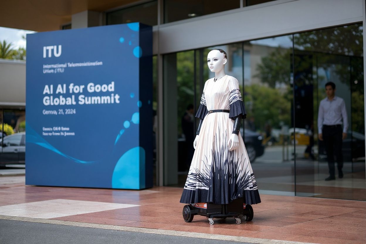 AI robot “Sophia” is seen at the entrance of the International Telecommunication Union (ITU) AI for Good Global Summit in Geneva on May 31, 2024. Source: