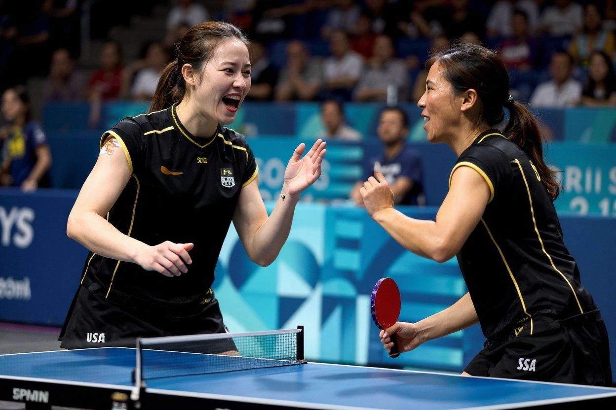 US’s Lily Zhang celebrates after winning against Brazil’s Bruna Takahashi during their women’s table tennis singles round of 32 at the Paris 2024 Olympic Games at the South Paris Arena in Paris. Source: