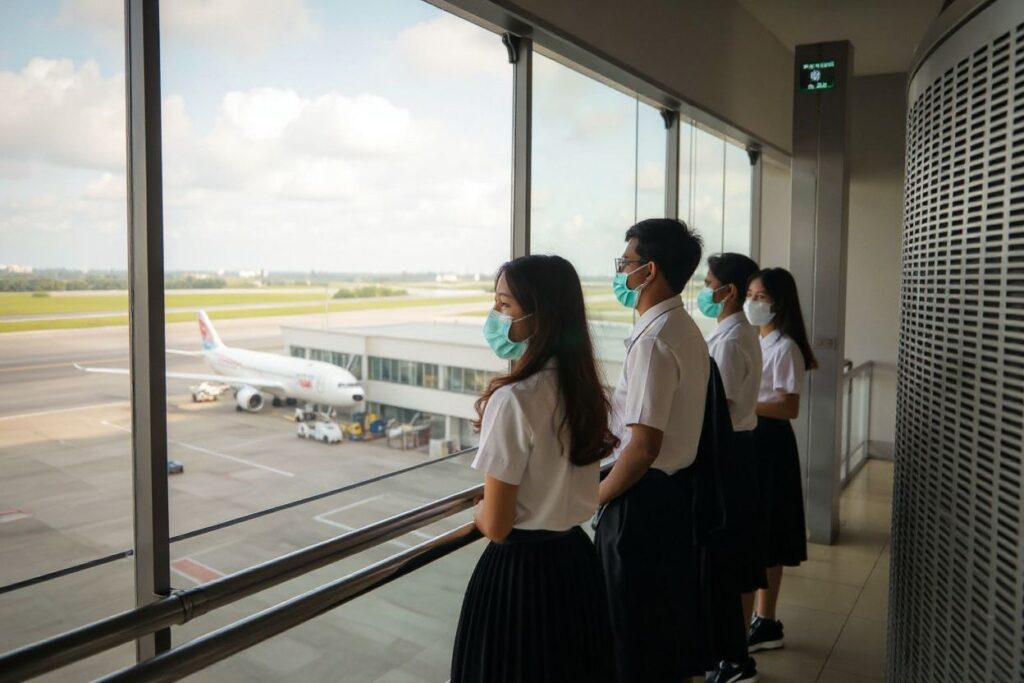 Students wearing protective face masks stand overlooking the runway in a viewing deck at Suvarnabhumi Airport in Bangkok on February 21, 2020. (Photo by VIVEK PRAKASH / )