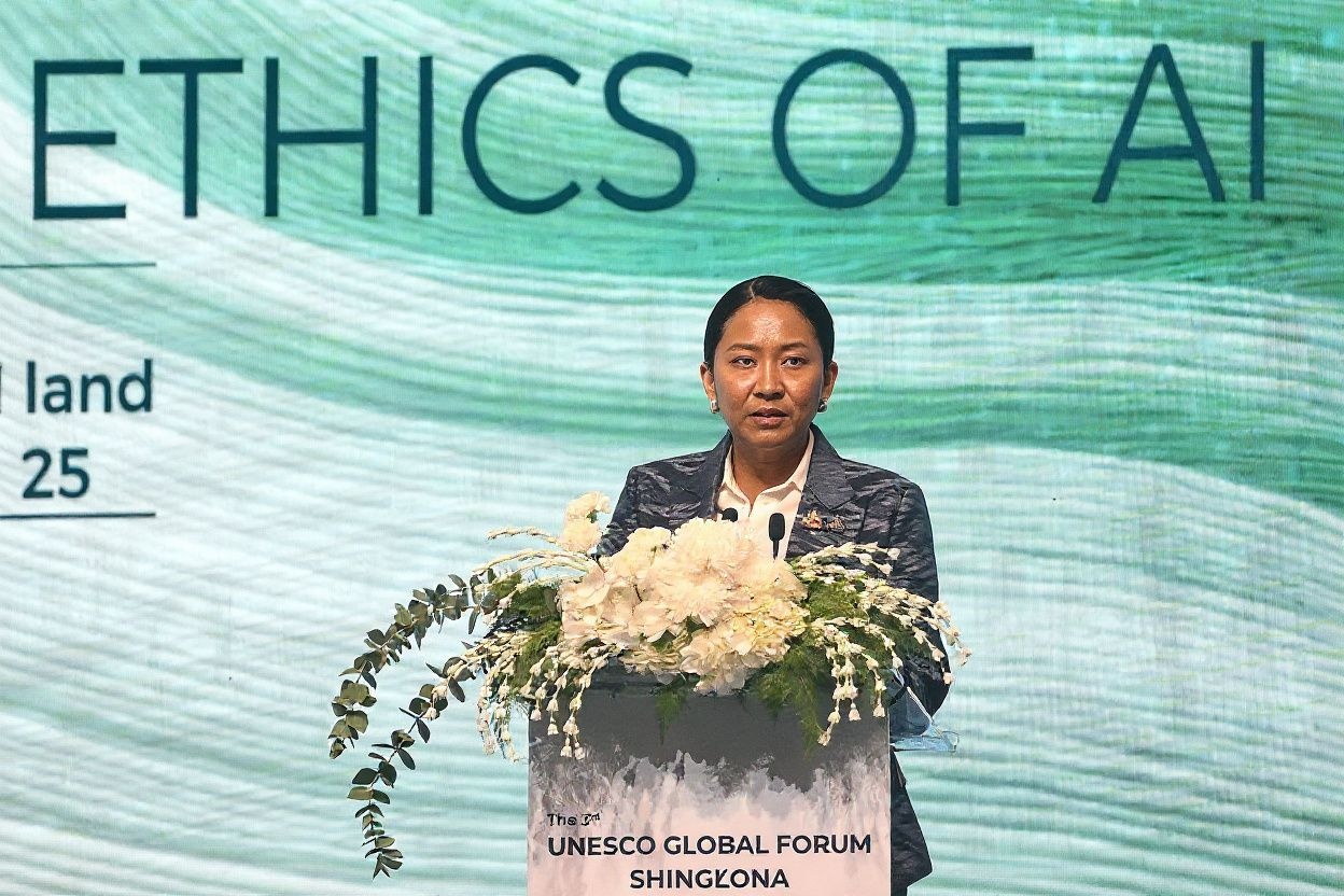 Thailand Prime Minister Paetongtarn Shinawatra delivers her opening remarks during the UNESCO Global Forum on the Ethics of Artificial Intelligence, in Bangkok on June 25, 2025.