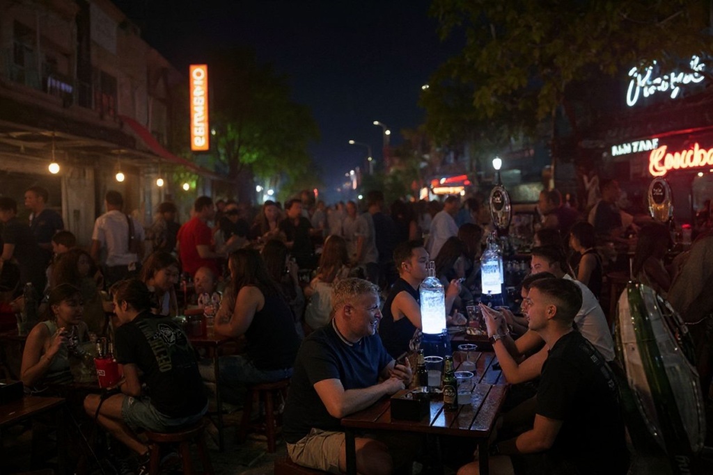 People enjoy a drink at a bar along the popular tourist and nightlife strip Khao San Road in Bangkok. Source: