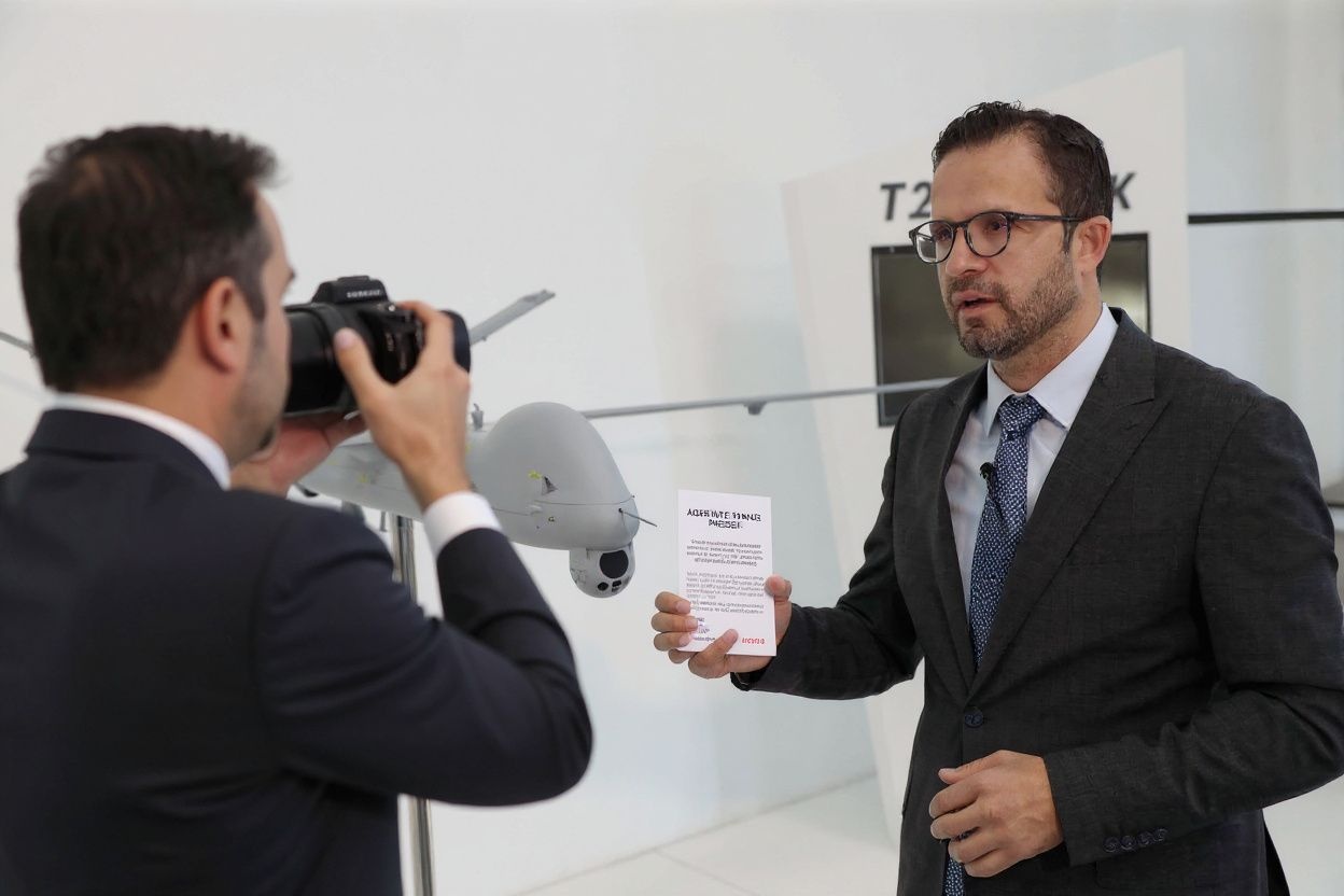 Serdar Demir, Head of Corporate Marketing and Communications of Turkish Aerospace Industries, speaks with the Agence France Presse during an interview. Press release statement are something that is learnt in a corporate management degree. Source: Adem Altan/