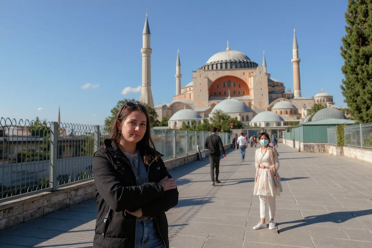 A Ukranian tourist Alena poses for a picture near the Hagia Sophia Mosque at Sultanahmet in Istanbul on May 9, 2021, during a new lockdown aimed at fighting a surging third wave of Covid-19 infections. – Turkey welcomes foreign tourists while locking down locals from April 29 to May 17. (Photo by BULENT KILIC / )