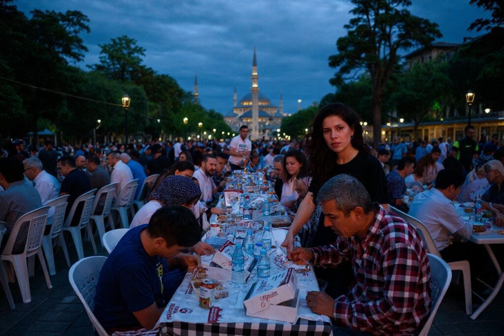 Thousands of Turkish people congregate outside the Blue Mosque in Istanbul to break their fast during the Ramadan month. Source: Ozan Kose /