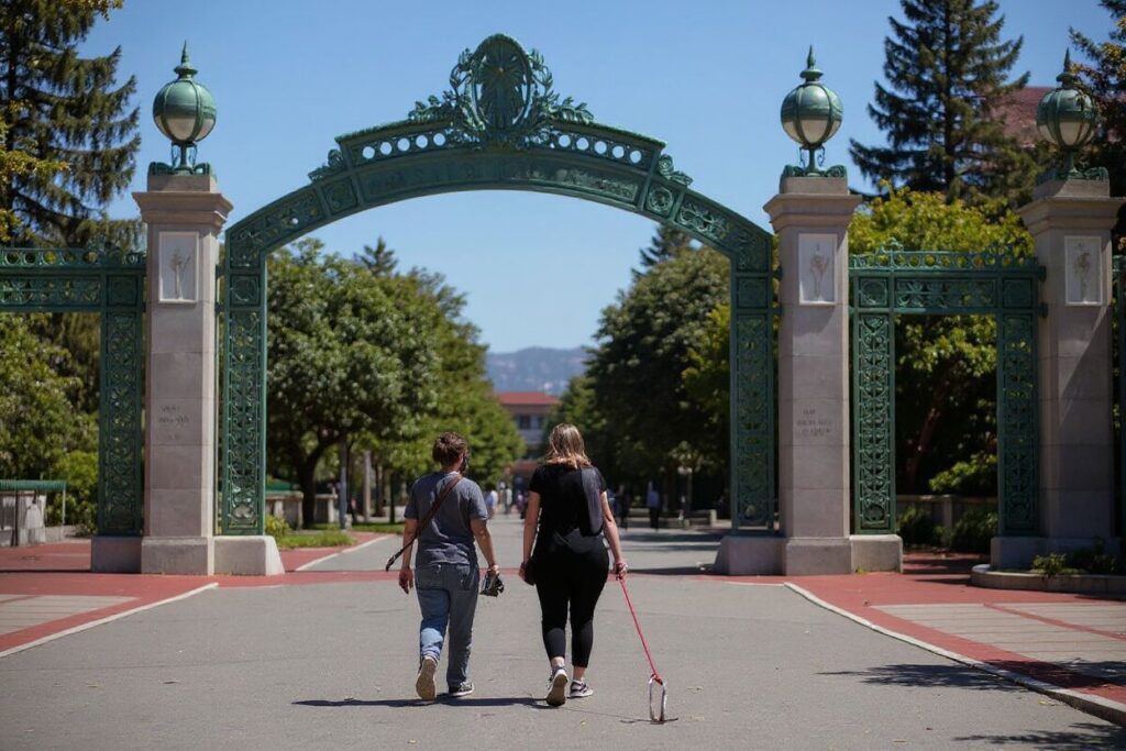 People walk towards Sather Gate on the U.C. Berkeley campus on July 22, 2020 in Berkeley, California.  Source: Justin Sullivan/Getty Images North America/Getty Images via