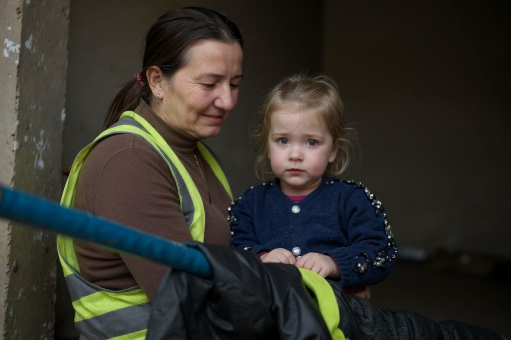 Social worker Tetyana Lemzyakova babysits Maria (R) at a humanitarian centre in Bakhmut on February 3, 2023, amid the Russian invasion of Ukraine. (Photo by YASUYOSHI CHIBA / )